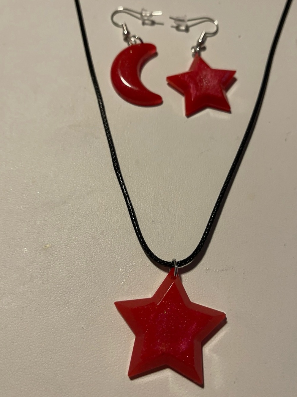 Red Star Necklace with Matching Star & Moon Earrings